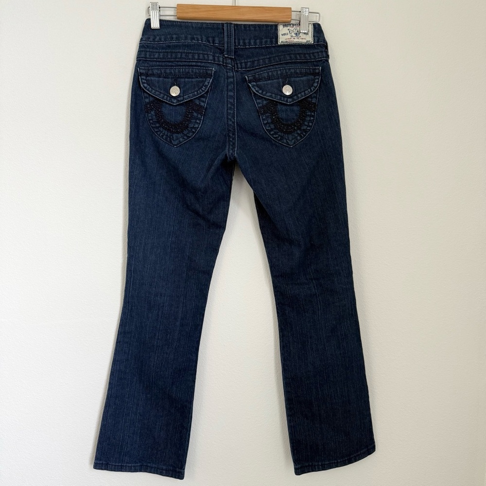 True Religion Becky Women's Dark Denim Navy Stitch BootCut Low Rise Size 27 - Picture 2 of 9